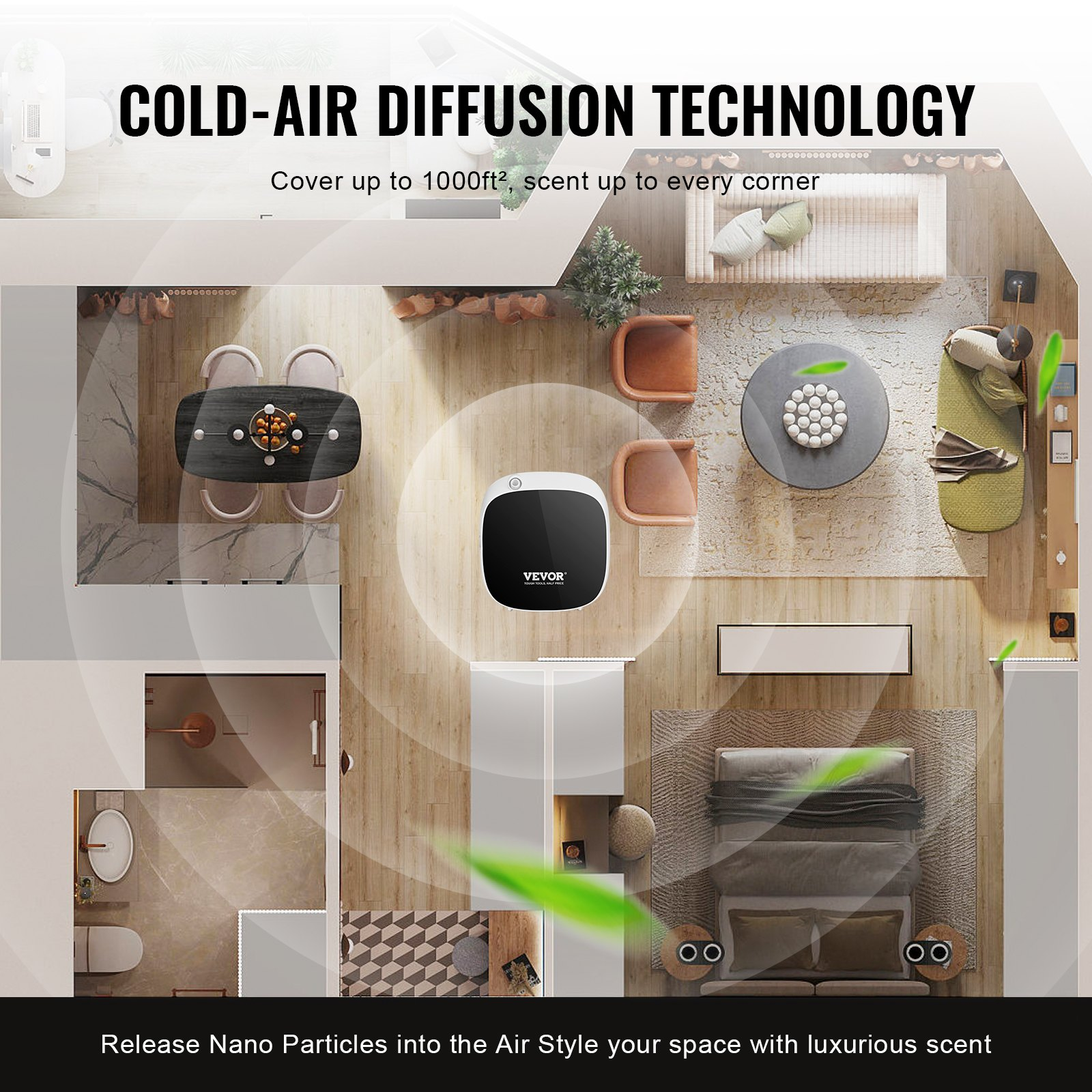 Start2Finish VEVOR scent air machine, Bluetooth essential oil diffuser with cold air tech, for home, office, and spa aromatherapy.