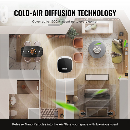 Start2Finish VEVOR scent air machine, Bluetooth essential oil diffuser with cold air tech, for home, office, and spa aromatherapy.
