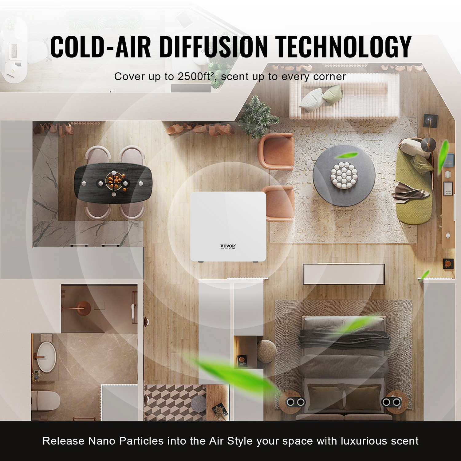 Start2Finish VEVOR scent air machine with 480ml essential oil diffuser, Bluetooth, waterless cold air technology for home and spa use.