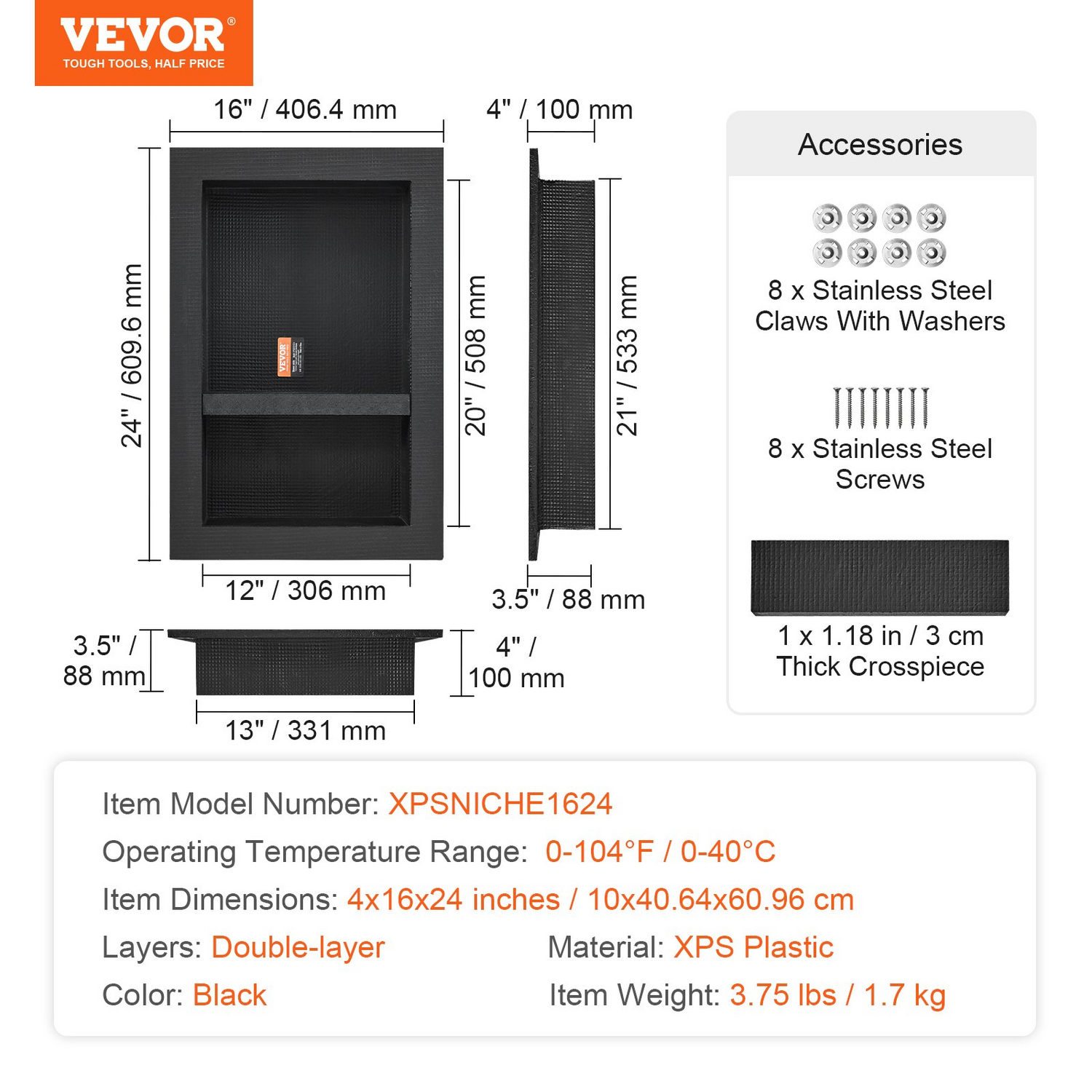 Black VEVOR shower niche with double shelves, square corners, wall-inserted design, and sealed protection for modern bathroom storage.