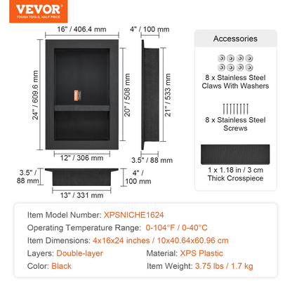 Black VEVOR shower niche with double shelves, square corners, wall-inserted design, and sealed protection for modern bathroom storage.