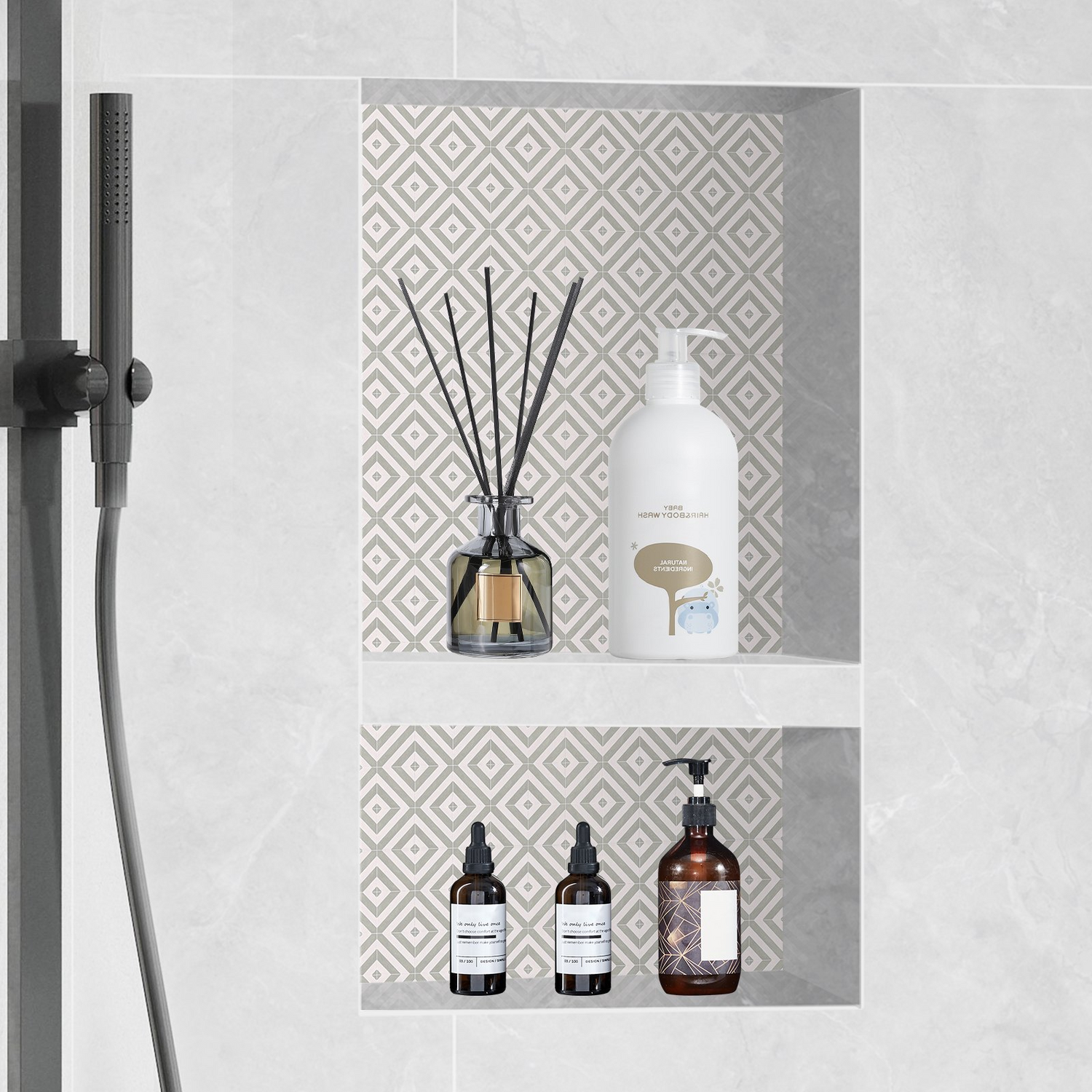 Start2Finish VEVOR shower niche with double shelves, black square corner wall-inserted recessed soap storage for bathroom shower.