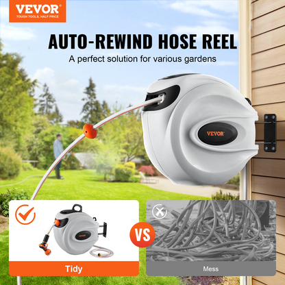 Start2Finish VEVOR retractable garden hose reel with 130 ft hose, 180° swivel, 9-pattern nozzle, automatic rewind, wall-mount.