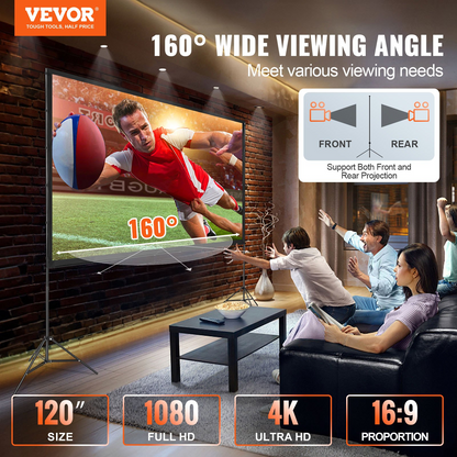 Start2Finish VEVOR 120-inch outdoor projector screen with stand, wrinkle-free fabric, tripods, and carry bag for home theater and movies