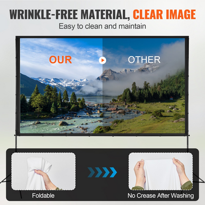 Start2Finish VEVOR 120-inch outdoor projector screen with stand, 16:9 aspect ratio, wrinkle-free surface for home or backyard movie nights