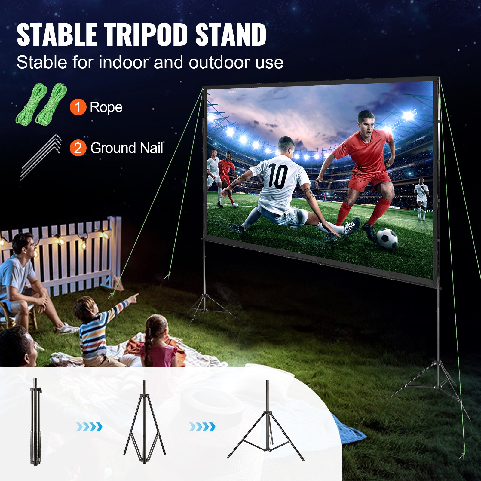 Start2Finish VEVOR 120-inch outdoor projector screen with stand, wrinkle-free surface, tripods, and carry bag for home theater movies