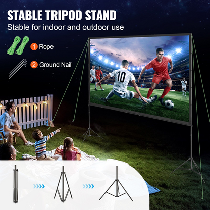 Start2Finish VEVOR 120-inch outdoor projector screen with stand, wrinkle-free surface, tripods, and carry bag for home theater movies