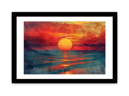 Sunset framed print by Start2Finish featuring a vibrant orange and pink sunset scene in a sleek frame for home decor.