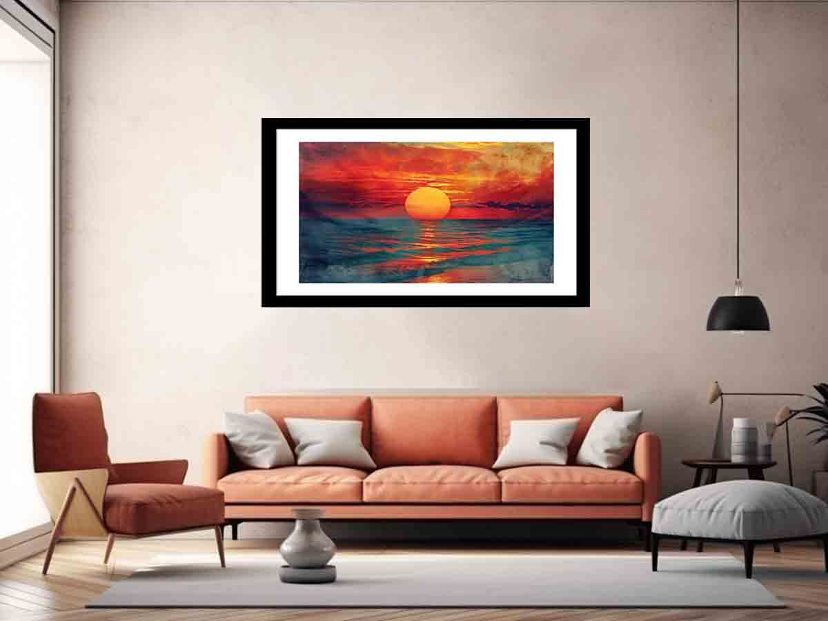 Sunset framed print for home decor by Start2Finish, featuring a vibrant sunset scene in a sleek frame.