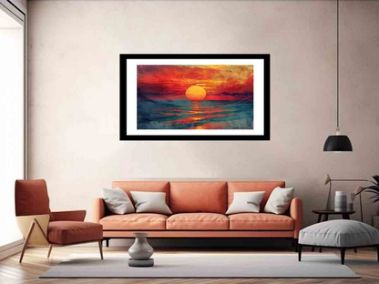 Sunset framed print for home decor by Start2Finish, featuring a vibrant sunset scene in a sleek frame.