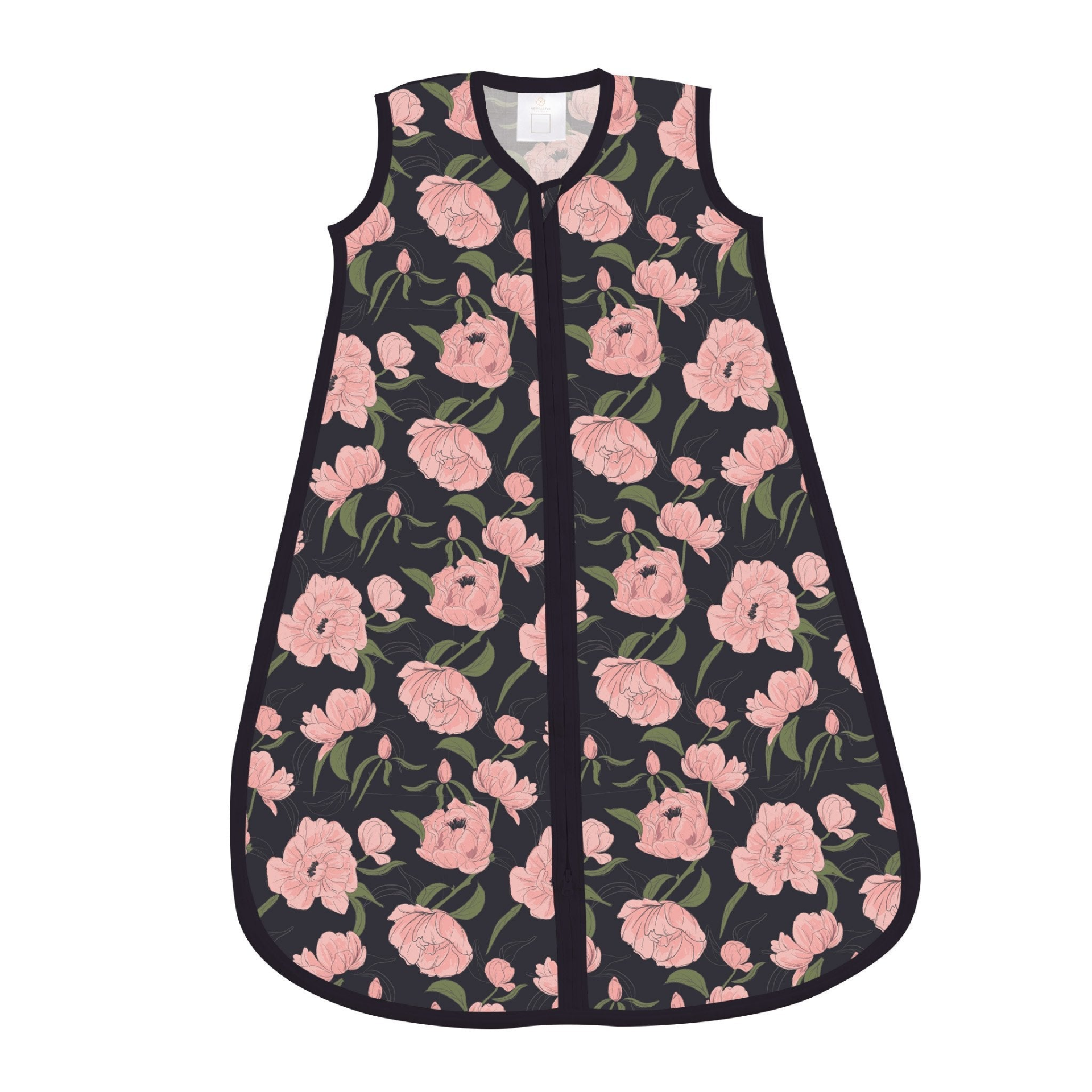 Baby sleeping peacefully in a Peonies Bamboo Sleep Sack by Start2Finish, showcasing soft, breathable fabric and secure fit.