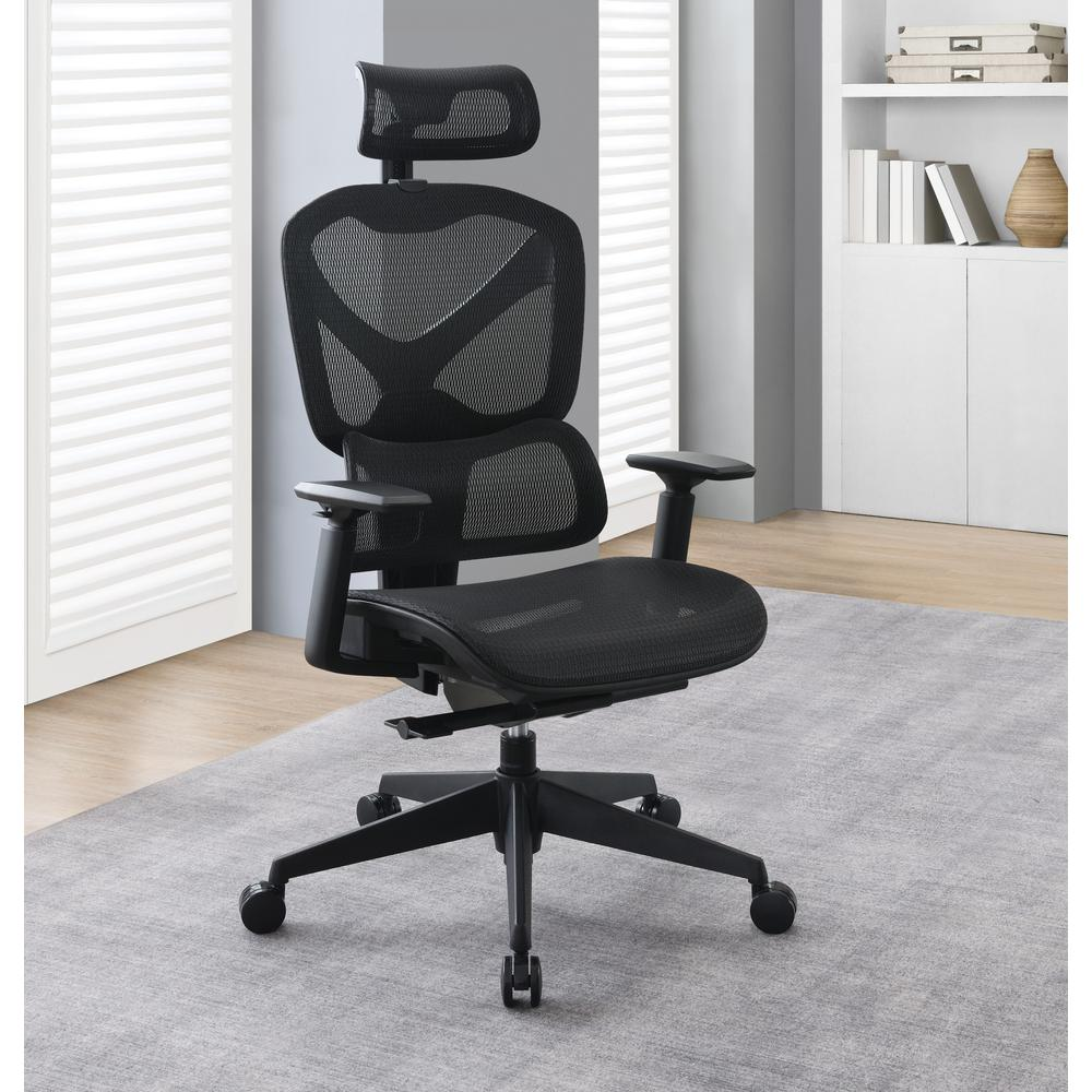 Start2Finish mesh back manager’s chair with adjustable headrest and ergonomic design, featuring a padded seat and armrests.