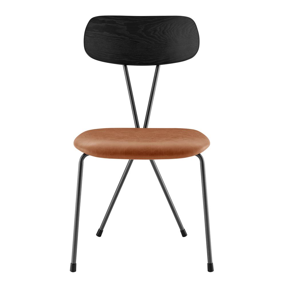 Set of four Elise PU dining side chairs by Start2Finish with sleek black upholstery and wooden legs, modern furniture for dining rooms.