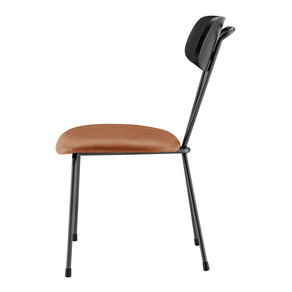 Set of four Start2Finish Elise PU dining side chairs with dark wooden legs and upholstered beige seats and backs.