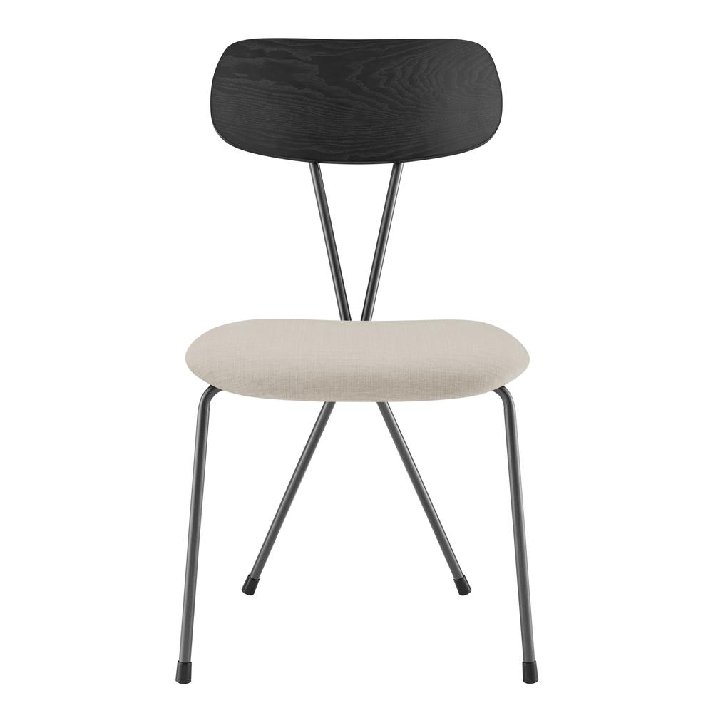 Set of four Elise fabric dining side chairs by Start2Finish with upholstered seats and wooden legs, arranged around a dining table.
