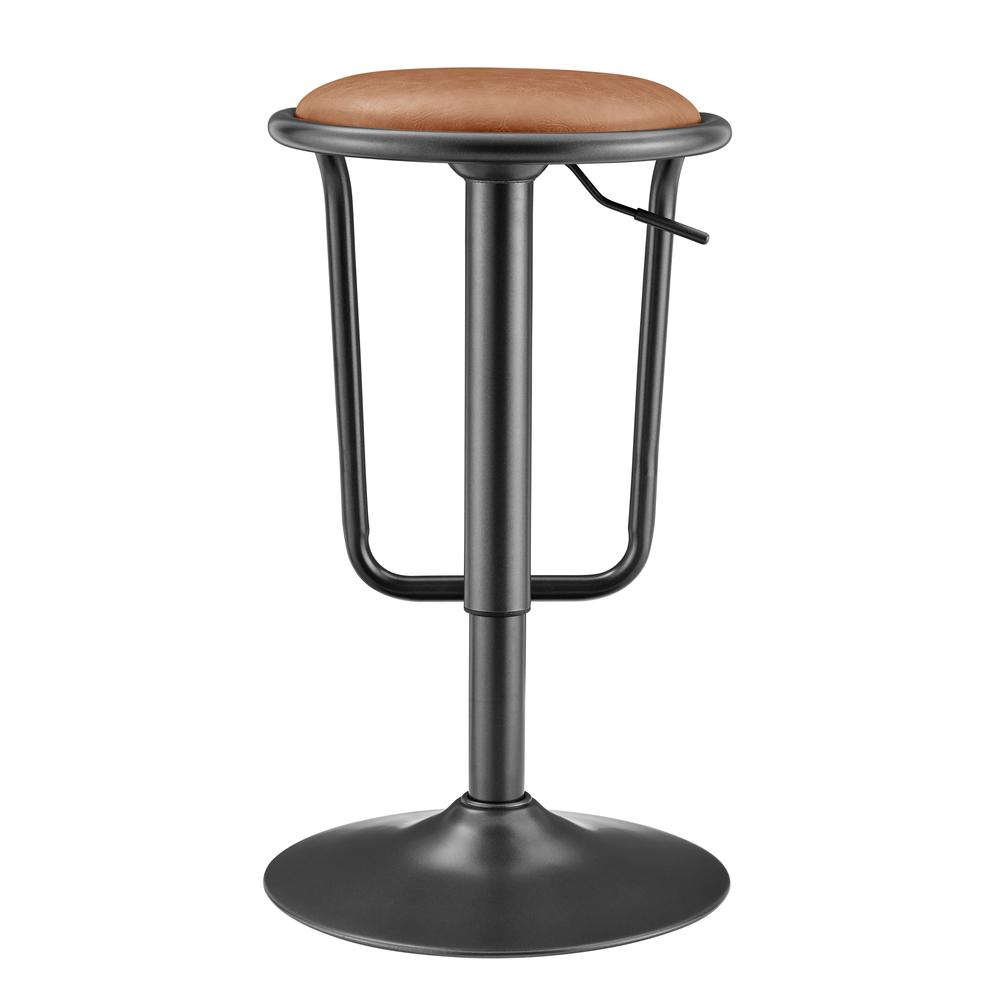 Pair of Elijah PU gaslift bar stools by Start2Finish, featuring black leatherette upholstery and chrome footrests.