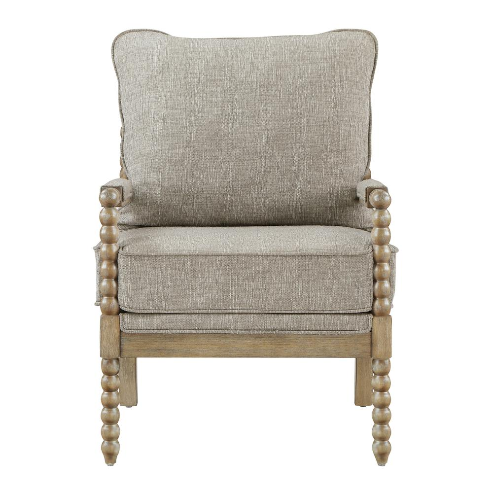 Fletcher spindle chair in fog fabric with rustic brown wooden finish, featuring a classic design and curved spindle back.