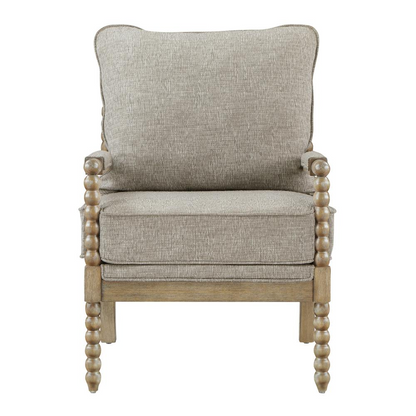 Fletcher spindle chair in fog fabric with rustic brown wooden finish, featuring a classic design and curved spindle back.