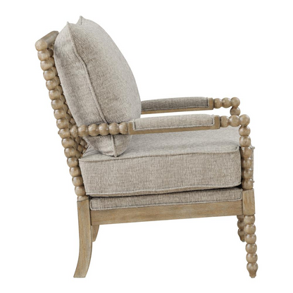 Fletcher Spindle Chair in fog fabric with rustic brown finished wooden legs, stylish and comfortable for living room decor.