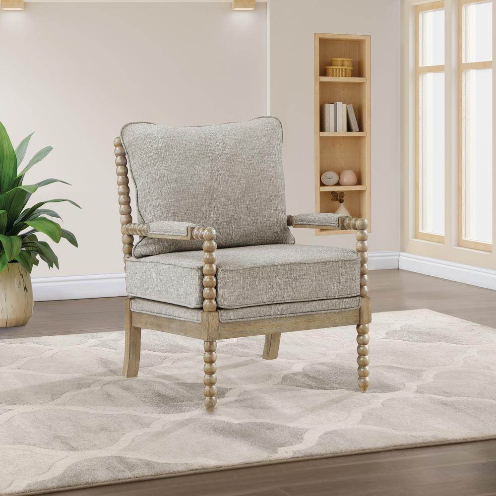 Fletcher Spindle Chair by Start2Finish in fog fabric with rustic brown finish, showcasing its spindle back and comfortable seat.