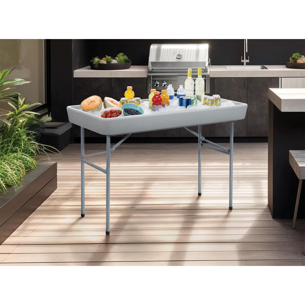 Start2Finish outdoor folding beverage cooler table with built-in ice compartment and sturdy table surface for outdoor gatherings.
