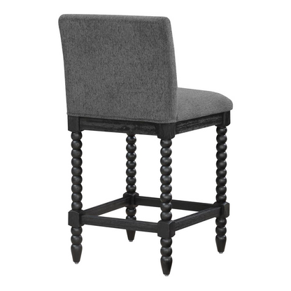 Start2Finish ELIZA 26-inch spindle counter stool with wooden legs and upholstered seat, perfect for kitchen or bar area.
