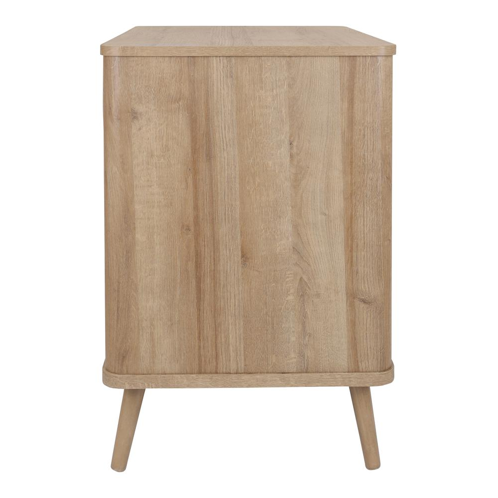 Start2Finish Thelma KD Rattan Small Cabinet with 1 drawer and 2 doors, featuring woven rattan accents and wooden legs.