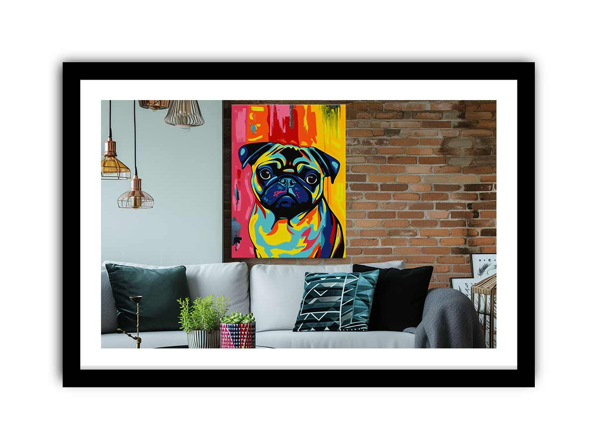 Framed print of a cute Pug dog for home decor by Start2Finish, featuring a detailed illustration of a Pug in a stylish frame.