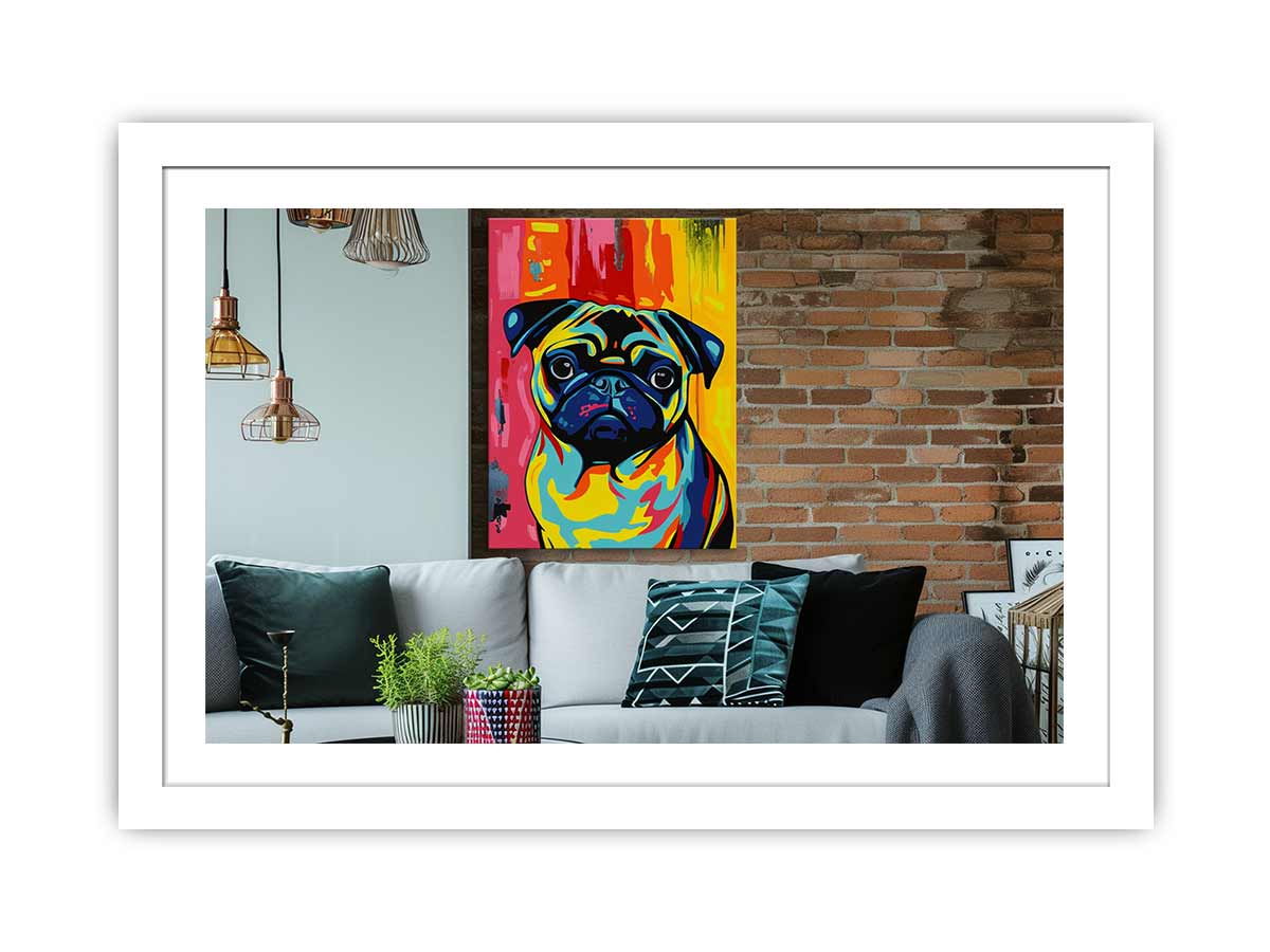 Framed print of a cute pug dog for home decor by Start2Finish, featuring a detailed illustration of a pug in a stylish frame.