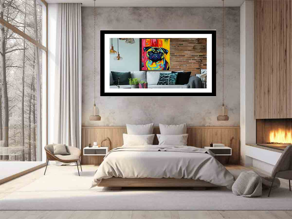 Framed art print of a cute pug dog, suitable for home decor, by Start2Finish, featuring a detailed image of a pug in a stylish frame