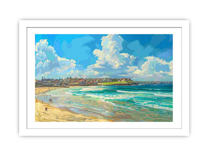 Start2Finish Bondi Beach Art for home decor, featuring vibrant seaside scene with sandy beach and ocean waves.