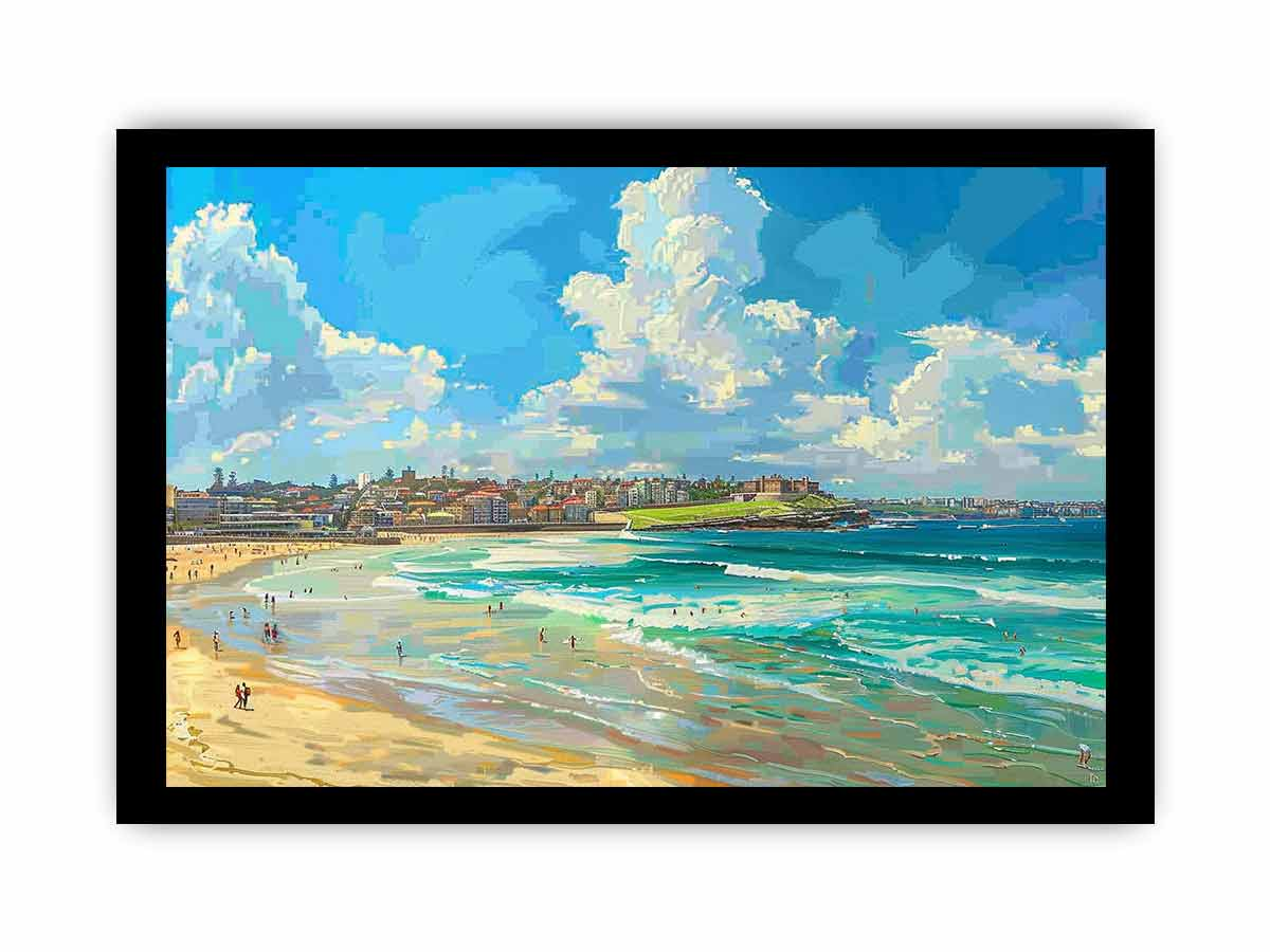 Start2Finish Bondi Beach art print for home decor, featuring a vibrant beach scene with waves and sandy shoreline.