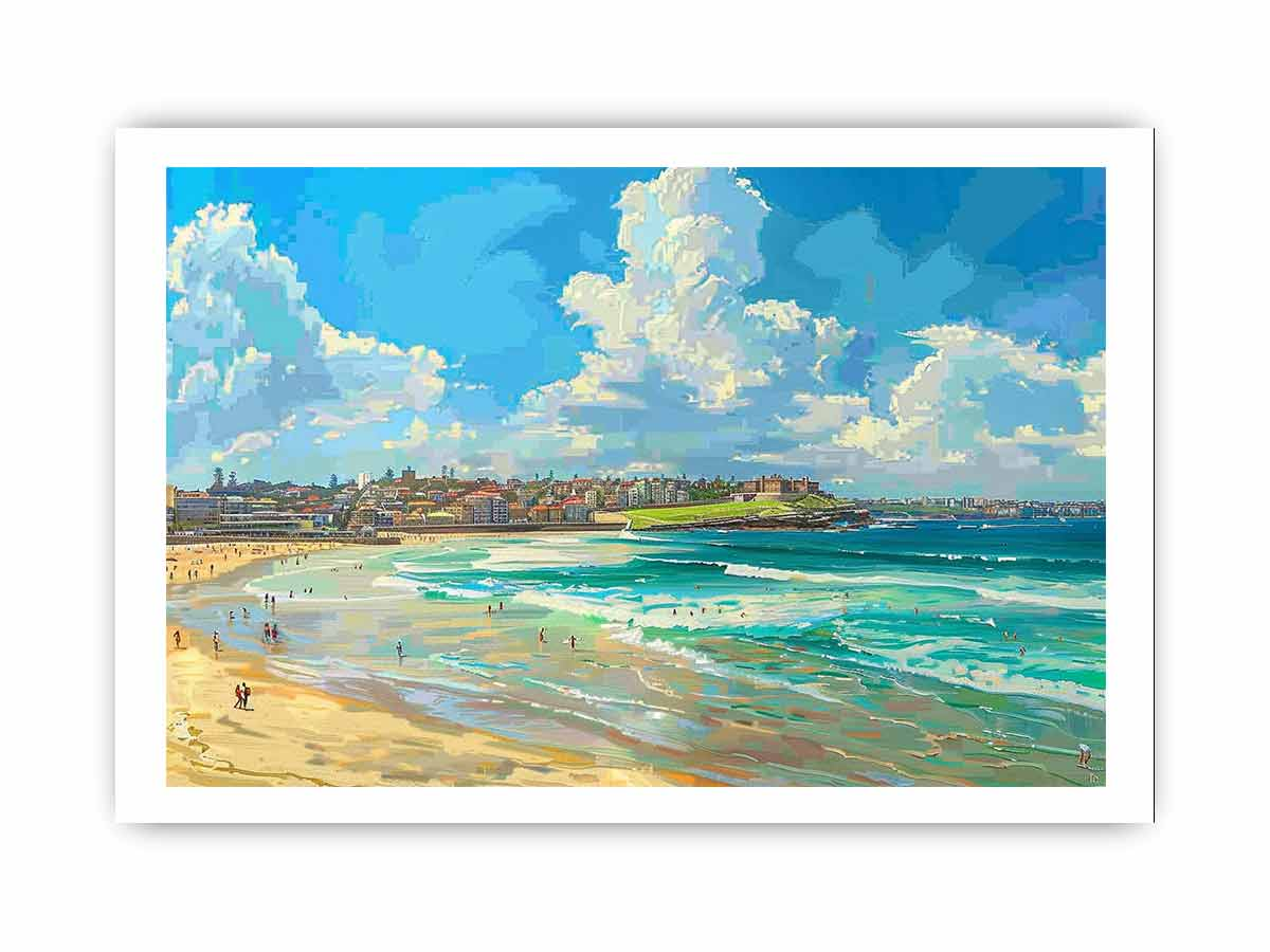 Start2Finish Bondi Beach art print for home decor, featuring vibrant coastal scene with sandy beach and blue ocean.