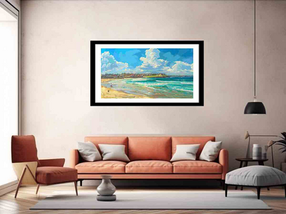 Start2Finish Bondi Beach art print featuring vibrant coastal scene, perfect for home decor and beach lovers.