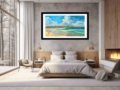 Start2Finish Bondi Beach art print for home decor, featuring vibrant beach scene with sandy shores and blue ocean.