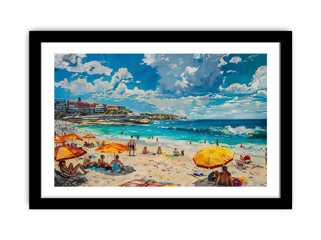 Start2Finish Bondi Beach framed print, vibrant coastal scene with waves and sandy shore, perfect for home decor.