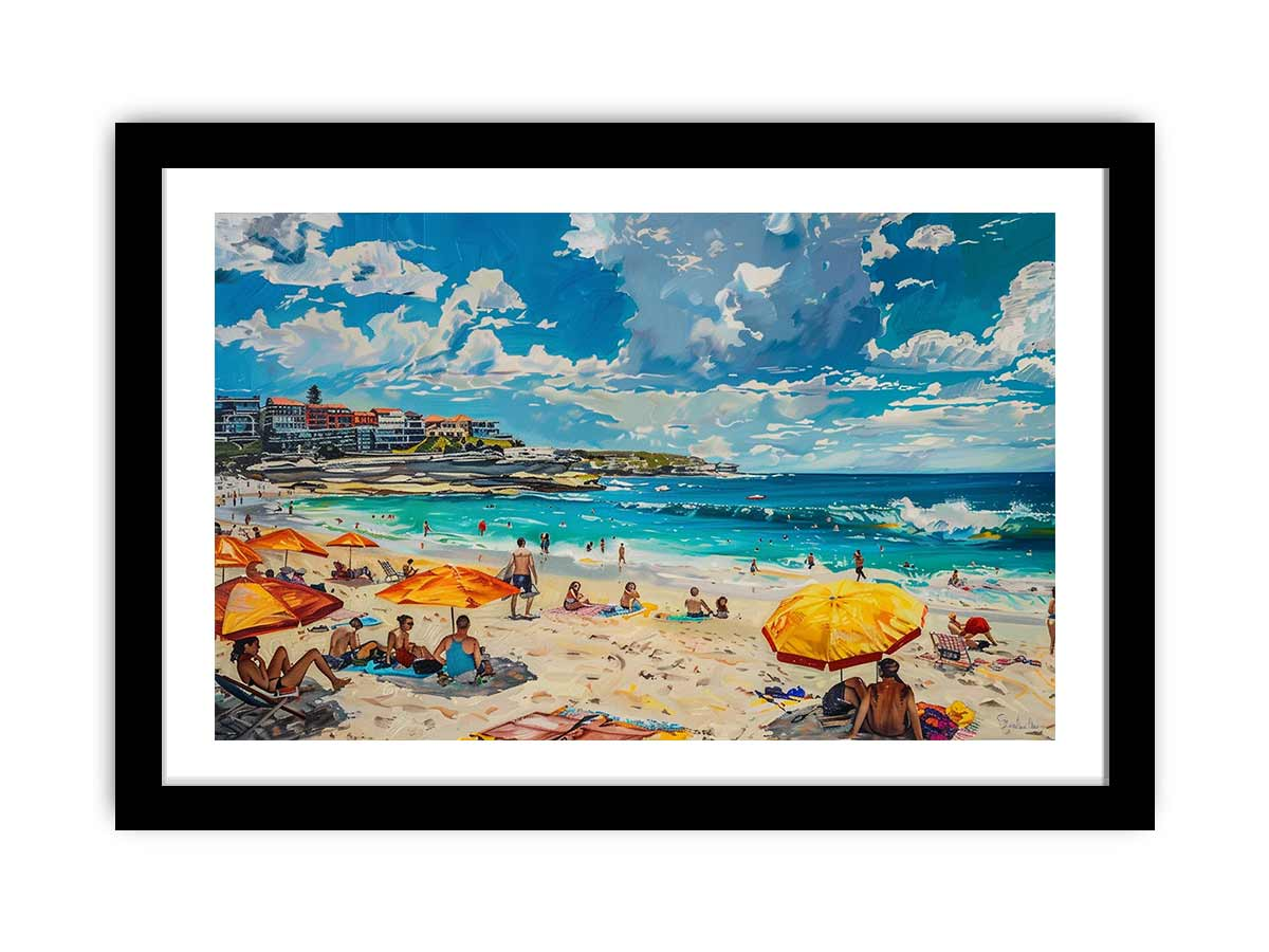Start2Finish Bondi Beach framed print, vibrant coastal scene with waves and sandy shore, perfect for home decor.