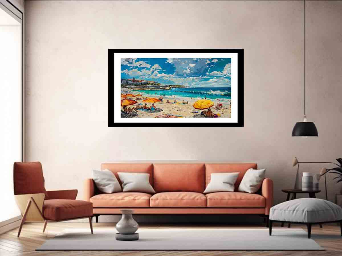 Start2Finish Bondi Beach framed print showcasing a vibrant coastal scene for home decor.