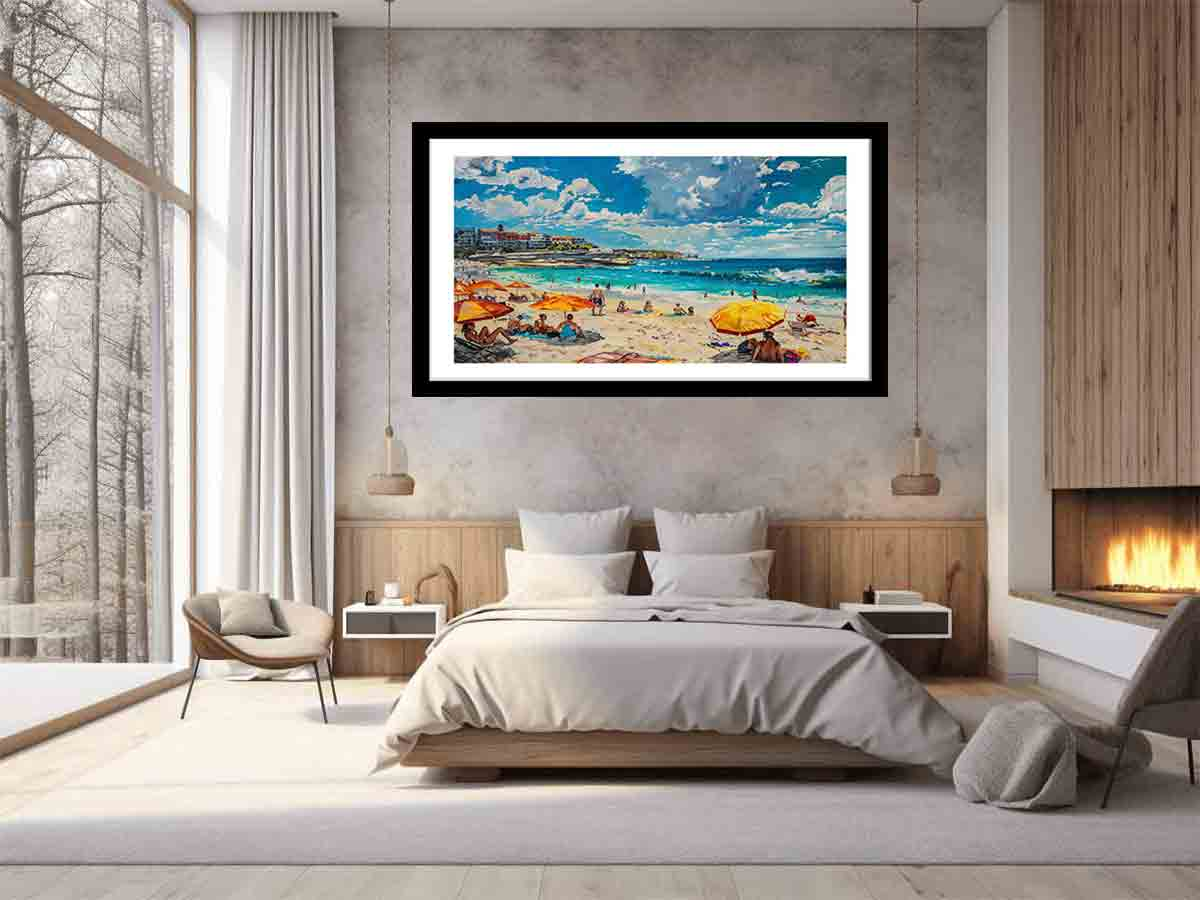 Start2Finish Bondi Beach framed print featuring a vibrant coastal scene, perfect for home decor display.