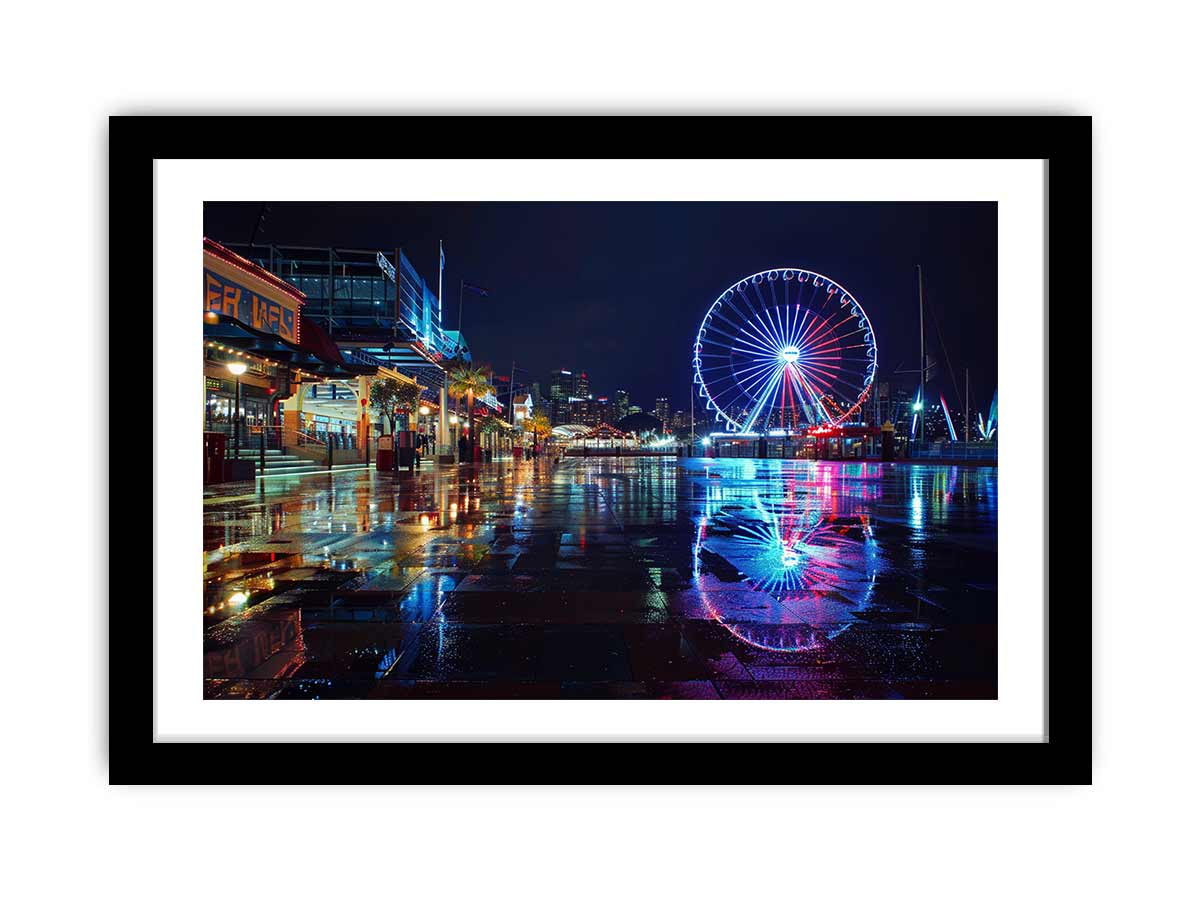 Start2Finish Darling Harbour Night print for home decor, showing a vibrant cityscape scene at night with illuminated buildings.