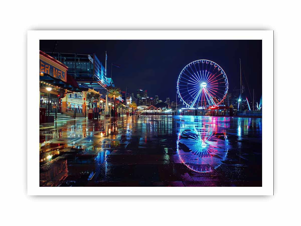 Start2Finish Darling Harbour night print, home decor artwork featuring a scenic cityscape at night in vibrant colors.