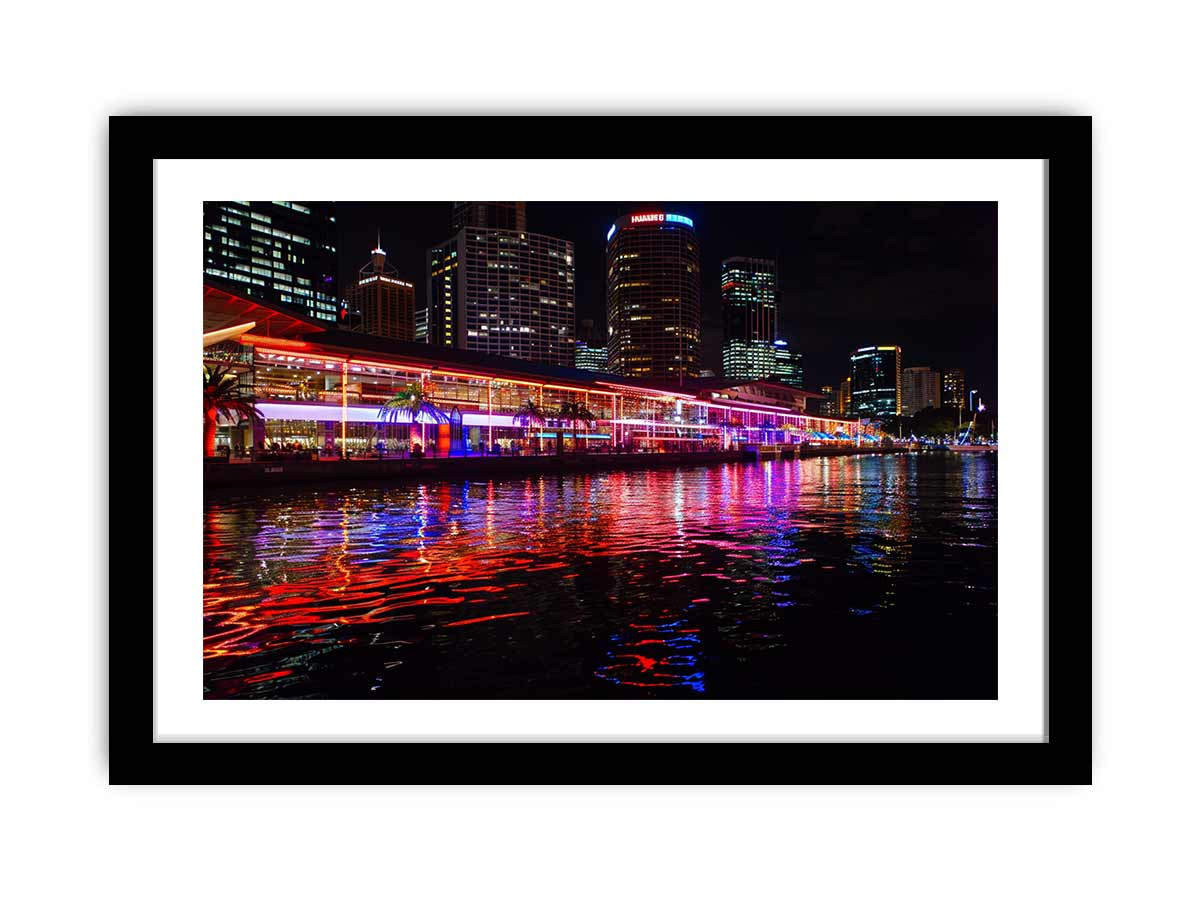 Framed print of Darling Harbour Sydney at night, featuring city skyline and waterfront scenery, by Start2Finish for home decor.