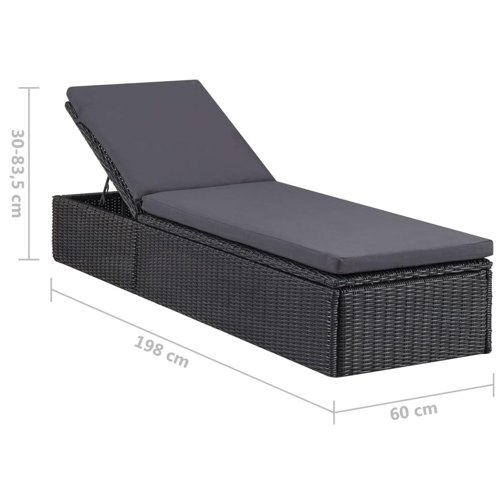 Start2Finish black and dark gray PE rattan sunlounger with adjustable backrest, measuring 77.9 x 23.6 x 32.9 inches.