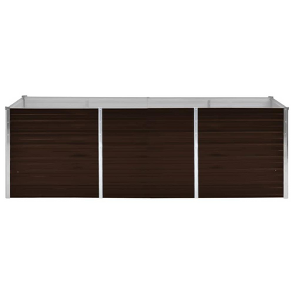 Start2Finish raised bed in brown galvanized steel measuring 94.5 x 31.5 x 30.3 inches, shown with sturdy panels and outdoor setting