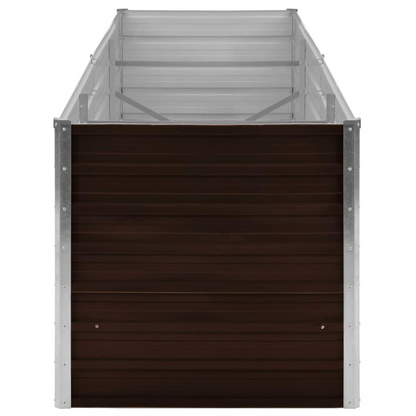 Brown galvanized steel raised garden bed, 94.5 x 31.5 x 30.3 inches, with sturdy metal construction and smooth finish.