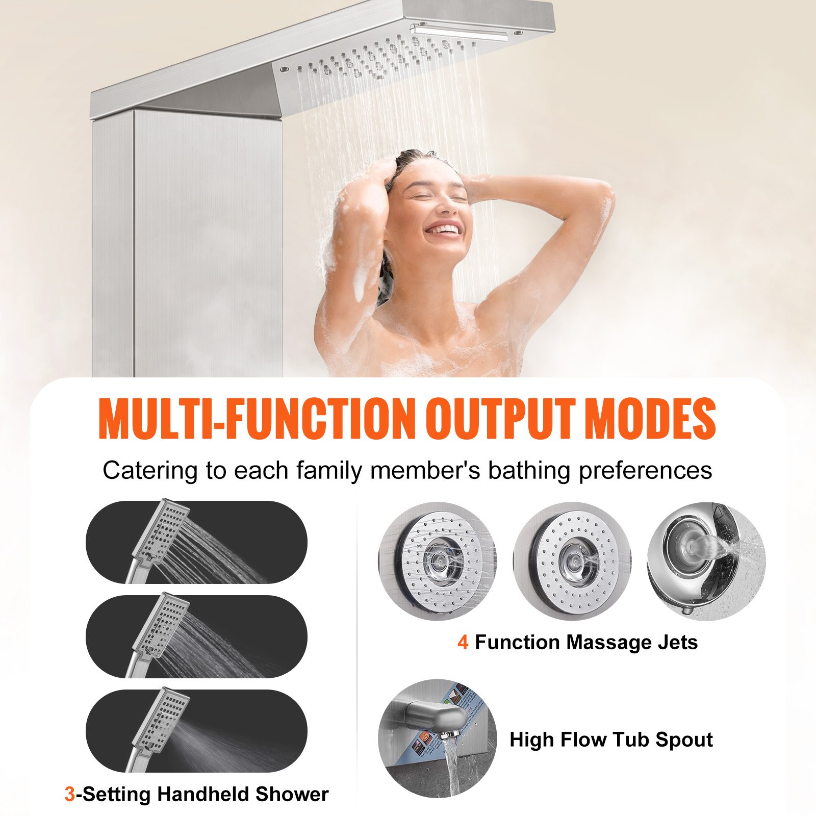 Start2Finish VEVOR shower panel system with 6 modes, LED display, rainfall and waterfall jets, massage jets, handheld shower, and tub spout.