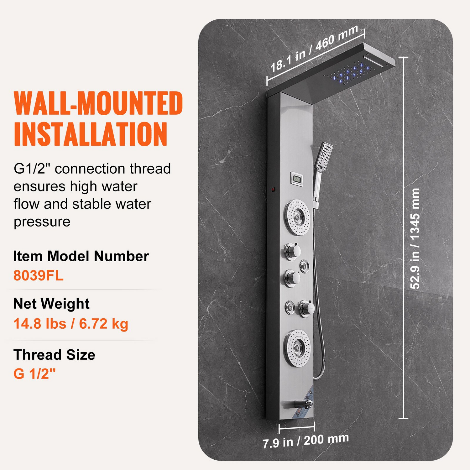 Start2Finish VEVOR shower panel system with 6 modes, LED display, rainfall and waterfall sprays, massage jets, tub spout, and handheld shower.