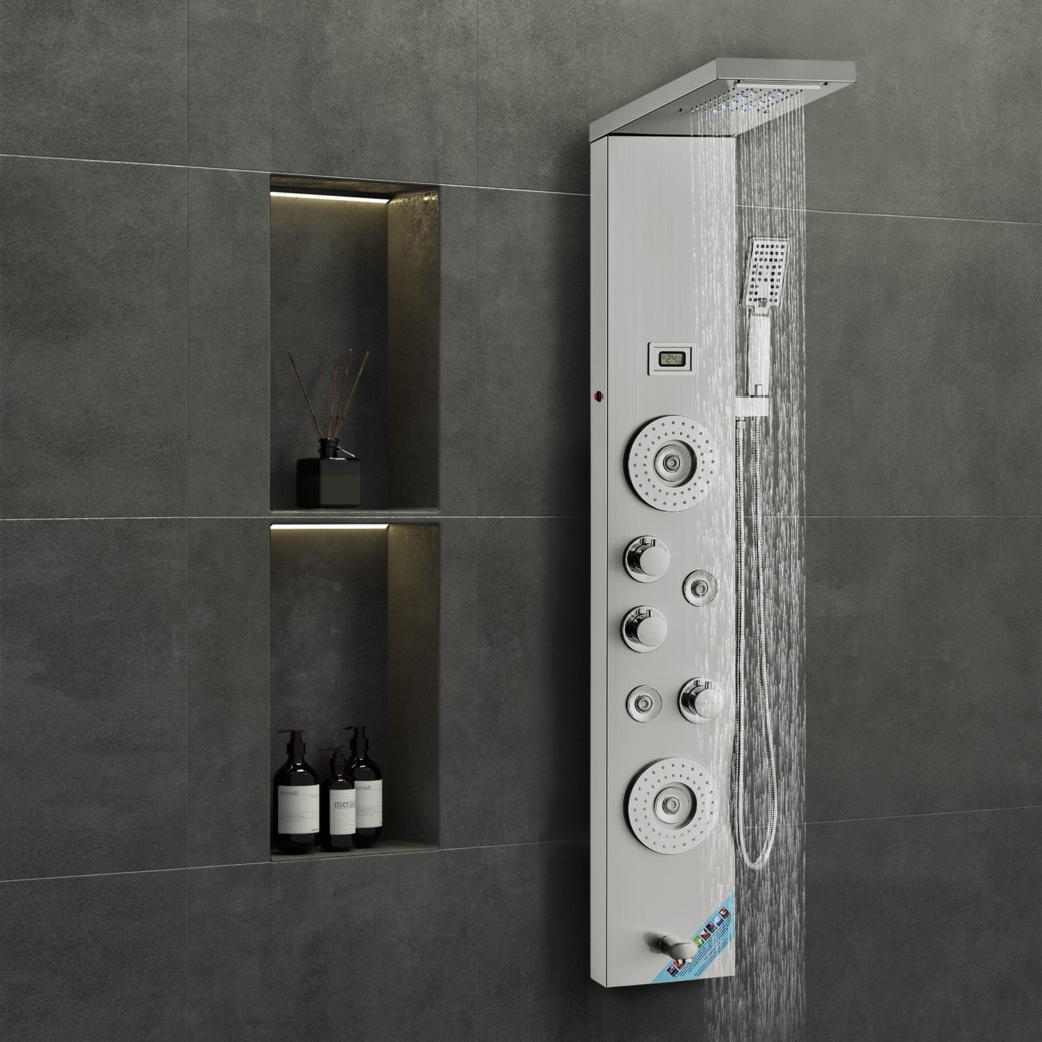 Start2Finish VEVOR shower panel system with 6 modes, LED display, rainfall, waterfall, massage jets, and handheld shower head.