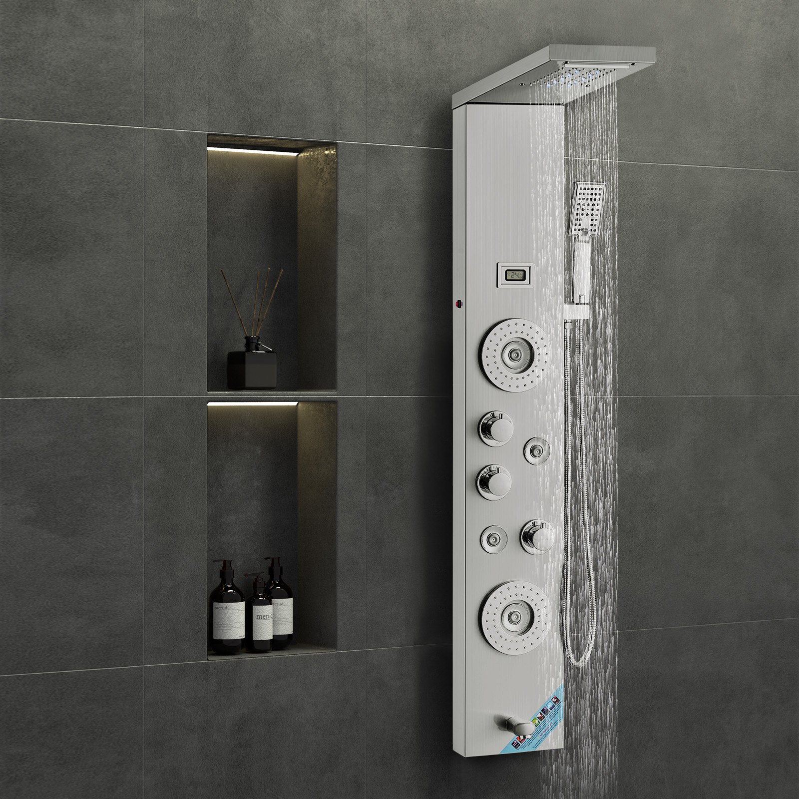 Start2Finish VEVOR shower panel system with 6 modes, LED display, rainfall, waterfall, massage jets, and handheld shower head.