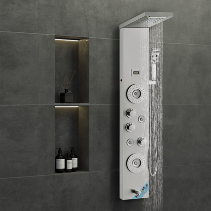 Start2Finish VEVOR shower panel system with 6 modes, LED display, rainfall, waterfall, massage jets, and handheld shower head.